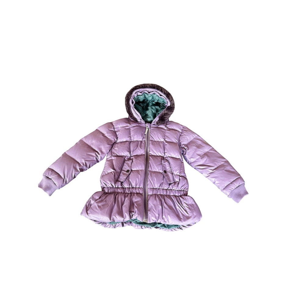 Hanna Andersson Girls Purple Puffer Jacket Peplum Hem Faux Fur Trim Hooded SZ 8